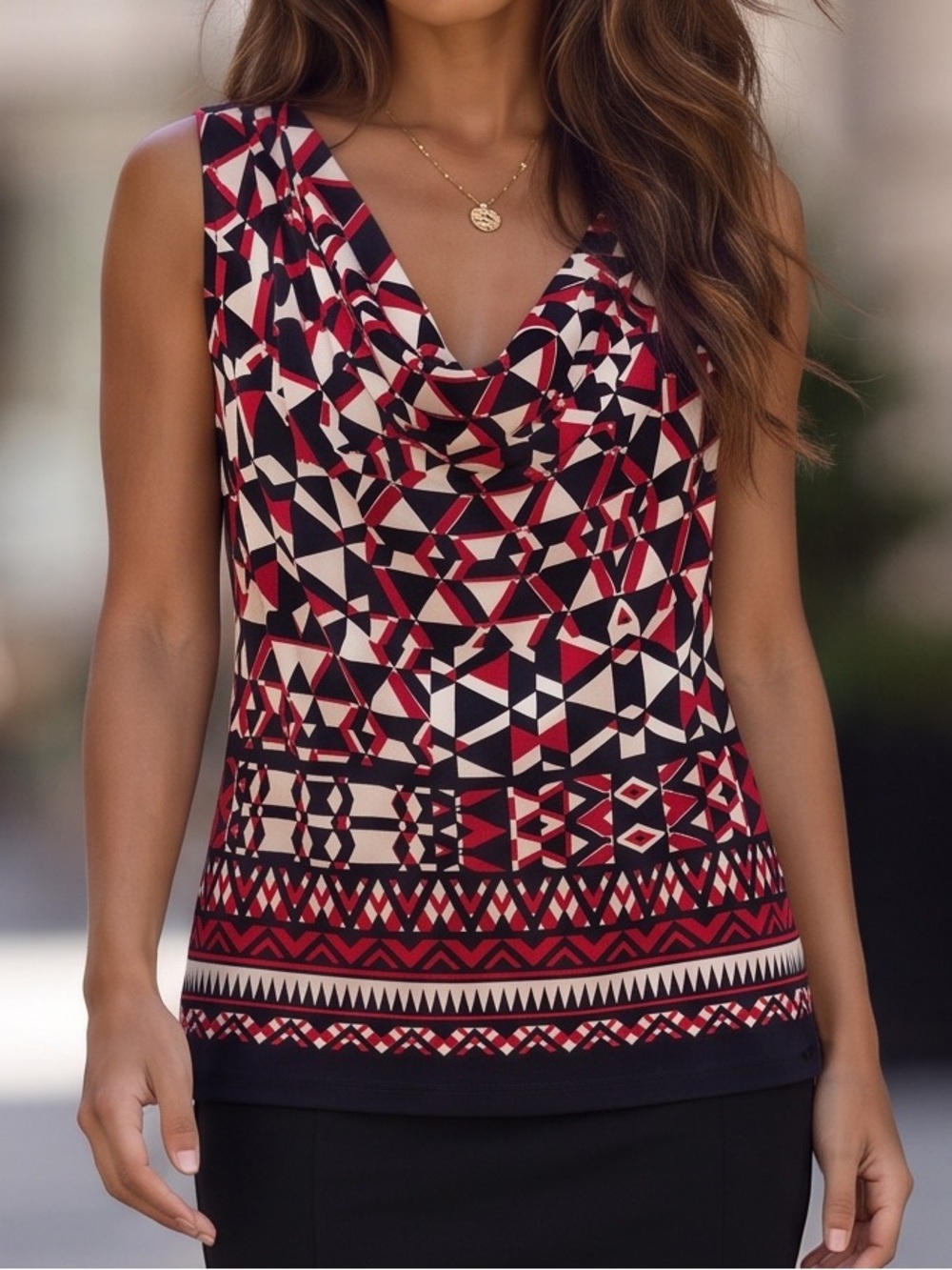 Calvin Klein Red Black White Geometric Draped Cowl Camisole